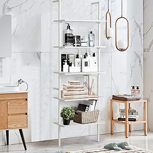 MELLCOM 5 Tier Industrial Ladder Shelf, Wood Modern Bookshelf With Metal Frame, Wall-Mounted Plant Flower Storage Organizer For Living Room, Bathroom, Kitchen, Balcony, White 3 MELLCOM 5 Tier Industrial Ladder Shelf, Wood Modern Bookshelf With Metal Frame, Wall-Mounted Plant Flower Storage Organizer For Living Room, Bathroom, Kitchen, Balcony, White - Image 3