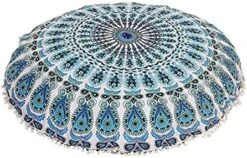 Rajasthaniartdecor Round Pouf Cover Cushion Cotton With Pom Meditetion Seating For Living Dorm Room Color Size 32 Inch Inches (Cover Only) (Blue Gold), RADC003-V, Inches(80 Cm) -Best Furniture Store 51f2OcSdx3L. AC