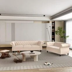 2 Piece Living Room Set, Velvet Chesterfield Sofa Loveseat Couch With Scroll Arms And Nailhead For Living Room, Office (Grey) -Best Furniture Store 51fj 83BjQL. AC