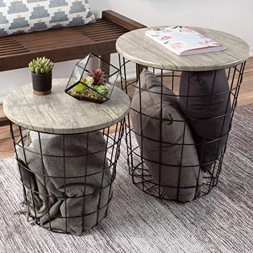 Lavish Home End Storage – Nesting Wire Basket Base And Wood Tops – Industrial Farmhouse Style Side Table, Set Of 2 - Round Black, Brown 10 Lavish Home End Storage – Nesting Wire Basket Base And Wood Tops – Industrial Farmhouse Style Side Table, Set Of 2 - Round Black, Brown - Image 10