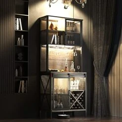 QNICE 71" LED Lights Industrial Bar Cabinet/Dining Room Hutch With Sliding Barn Door/Freestanding Liquor Pantry With Wine Rack/Rustic Oak