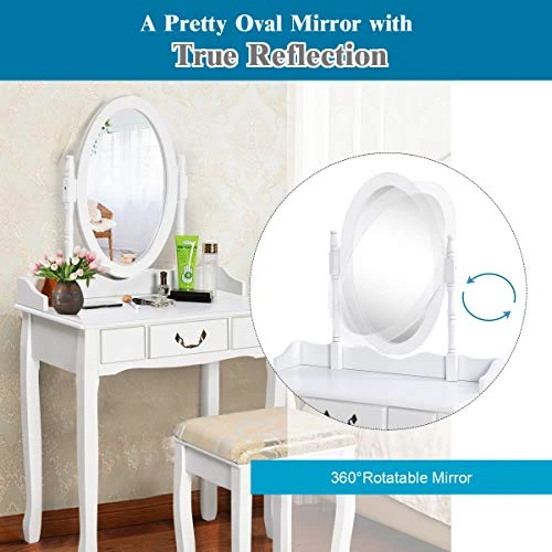 White Vanity Table Set With Stool, Dressing Table For Girls Women Mirror Makeup Table Desk Room Vanity Dresser, Large Bedroom Vanities W/Drawer 4 White Vanity Table Set With Stool, Dressing Table For Girls Women Mirror Makeup Table Desk Room Vanity Dresser, Large Bedroom Vanities W/Drawer - Image 4