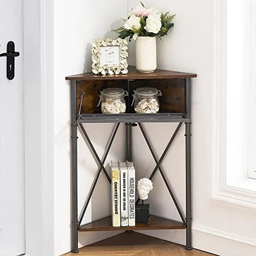 VECELO Cabinet/Table, 3-Tier Display Shelves With Protection Door, Metal Frame Storage Shelf Organizer For Small Space, Living Room, Kitchen, Bathroom, Set Of 2, Grey+Black 7 VECELO Cabinet/Table, 3-Tier Display Shelves With Protection Door, Metal Frame Storage Shelf Organizer For Small Space, Living Room, Kitchen, Bathroom, Set Of 2, Grey+Black - Image 7