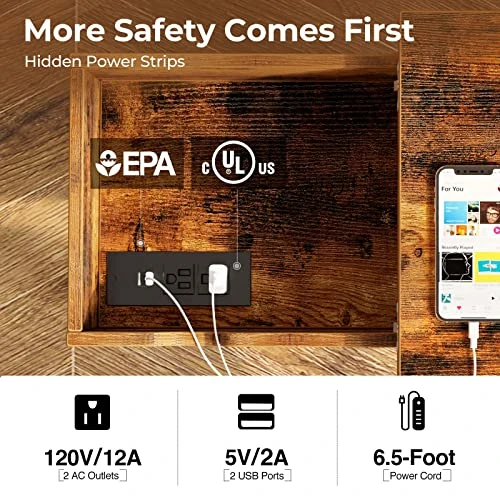 Rolanstar End Table With Charging Station, Narrow Nightstand, Flip Top Side Table With USB Ports And Storage Shelves For Small Spaces, Living Room, Bedroom (Rustic Brown) 2 Rolanstar End Table With Charging Station, Narrow Nightstand, Flip Top Side Table With USB Ports And Storage Shelves For Small Spaces, Living Room, Bedroom (Rustic Brown) - Image 2