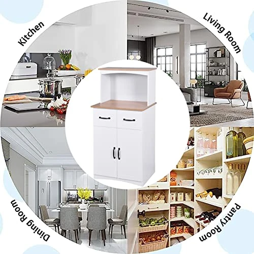 Modern Kitchen Pantry Cabinet, Microwave Storage Cabinet With 2 Drawers Pantry Buffet Cabinet With Adjustable Shelves Freestanding Kitchen Buffet With 4 Doors, White 5 Modern Kitchen Pantry Cabinet, Microwave Storage Cabinet With 2 Drawers Pantry Buffet Cabinet With Adjustable Shelves Freestanding Kitchen Buffet With 4 Doors, White - Image 5