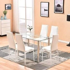 BELIFEGLORY Dining Table With Chairs, Glass Dining Kitchen Table Set Modern Tempered Glass Top Table And PU Leather Chairs With Chairs Dining Room Furniture (Round Table+White Chairs) -Best Furniture Store 51h6nvxjsxL. AC