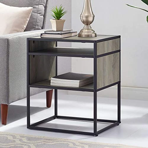 Walker Edison Industrial Modern Metal Frame Wood Rectangle Side Accent Table Set Living Room Storage Shelf End Table, 20 Inch, Grey Wash 3 Walker Edison Industrial Modern Metal Frame Wood Rectangle Side Accent Table Set Living Room Storage Shelf End Table, 20 Inch, Grey Wash - Image 3