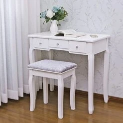 Anity Set With Mirror & Cushioned Stool Dressing Table Vanity Makeup Table 5 Drawers 2 Dividers Movable Organizers White FST01W -Best Furniture Store 51hEkOYSQnL