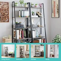 5 Shelves Ladder Shelf, 5 Tier Bookshelf, Storage Rack Wooden Shelf Ladder, Ladder Shelf Bookcase, Rustic Industrial Shelving Unit, Vintage Flower Plant Stand Rack For Living Room, Bedroom And Office -Best Furniture Store 51hHM8NHVhL