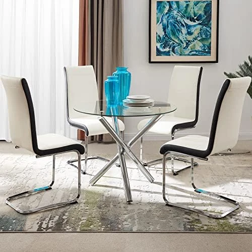 Modern Round Dining Table With Clear Tempered Glass Top, 3 Chrome Legs Kitchen Table For 2 Or 4 Person,Round Dining Table Furniture For Home Office Kitchen Dining Room(W 35.4 X L 35.4 X H 29.5 Inch) 7 Modern Round Dining Table With Clear Tempered Glass Top, 3 Chrome Legs Kitchen Table For 2 Or 4 Person,Round Dining Table Furniture For Home Office Kitchen Dining Room(W 35.4 X L 35.4 X H 29.5 Inch) - Image 7