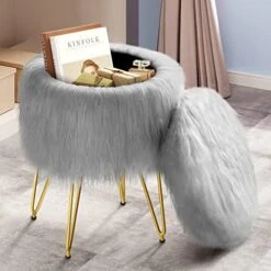 GREENSTELL Vanity Stool Chair With Storage, 15.75" W X 19.29" H Round Faux Fur Ottoman With 4 Metal Legs, Furry Padded Seat, Modern Multifunctional Makeup Stool For Bedroom Living Room Pink -Best Furniture Store 51hLFMSnUBL. AC