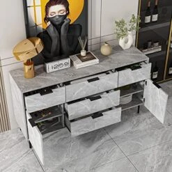 DiDuGo Sideboard Buffet Storage Cabinet With Drawers & Doors, Sideboards And Buffets With Storage, Metal Legs, Kitchen Storage Cabinet, For Hallway Living Room Marble Grey (55.1”W X 15.7”D X 29.5”H) -Best Furniture Store 51hUWXPsX9L