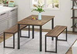 HOMOOI Dining Table Set For 4, 3 Pieces Kitchen Table With 2 Benches, Modern Wood Grains Table And Chairs Dinette Set For Home Kitchen, Dining Room, Restaurant, Industrial Brown