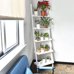 Tangkula Ladder Bookcase 5-Tier Wood Leaning Shelf Wall Plant Shelf Ladder For Home Office Modern Flower Book Display Shelf Storage Rack Stable A-Frame Wooden Ladder Shelf (White) -Best Furniture Store 51hX335nuVL