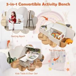 HONEY JOY Kids Table And Chair Set, 3-in-1 Convertible Wooden Toy Storage Bench With Handle, Toddler Furniture Set For Daycare Playroom, Gift For Boys Girls 3+ (White) -Best Furniture Store 51hX7UcA5ZL