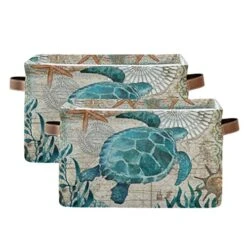Sea Turtle Starfish Retro Map Large Storage Basket Nautical Ocean Nursery Bins Collapsible Clothes Laundry Hamper With Handles For Home Living Room Bedroom Closet Toys Blankets Organizing 2 Pcs