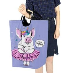 Kaariok Cute Pig Ballerina Tutu Unicorn Cartoon Star Purple Animal Laundry Hamper With Handles Waterproof Collapsible Storage Basket Large Dirty Clothes Bin For Laundry Room, 22.7 Inches -Best Furniture Store 51htoAIAaKL