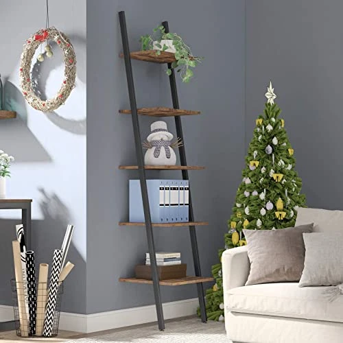 HOOBRO Ladder Shelf, 5-Tier Leaning Shelf Bookshelf, Plant Flower Stand, Storage Display Rack Shelves For Living Room Bathroom Office, Multifunctional Ladder Bookcase Rustic Brown BF71CJ01 1 HOOBRO Ladder Shelf, 5-Tier Leaning Shelf Bookshelf, Plant Flower Stand, Storage Display Rack Shelves For Living Room Bathroom Office, Multifunctional Ladder Bookcase Rustic Brown BF71CJ01