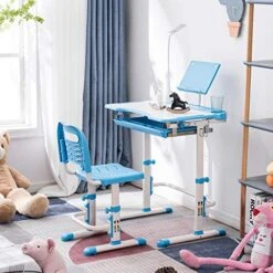 ArtSew Student Desks And Chairs Set C Style With Light White Lacquered White Surface And Blue Plastic [70x38x(52-74) Cm] -Best Furniture Store 51i29plAHeL