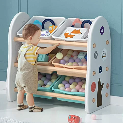 MengK Wooden Kids' Toy Storage Organizer With 6 Plastic Bins,White Color 5 MengK Wooden Kids' Toy Storage Organizer With 6 Plastic Bins,White Color - Image 5