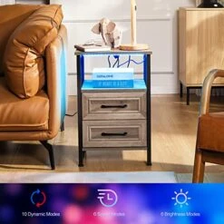 HOSEOKA Grey Nightstand With Charging Station And RGB Lights, Night Stand Rustic End Table With 2 Drawers With USB Ports And Outlets Bedside Tables For Living Room Bedroom Office -Best Furniture Store 51iJ7dxa1wL