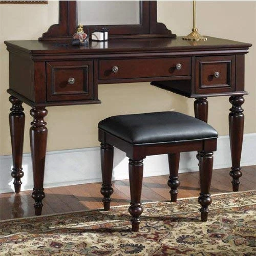 Lafayette Cherry Vanity Bench With Black Vinyl Cushion, Mahogany Solids, And Spindle Legs 2 Lafayette Cherry Vanity Bench With Black Vinyl Cushion, Mahogany Solids, And Spindle Legs - Image 2