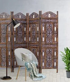 Oom Divider Wood Screen - Ghanti Bells Antique Brown - 4 Panel Folding 72 X 80 - Assembled Hand Carved Decorative Functional Versatile Portable Partition Reversible Privacy Boho - COTTON CRAFT -Best Furniture Store 51ijkNMnyfL