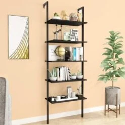 AWQM Industrial Wall Mounted Ladder Shelf, 5 Tier Bookshelf, Ladder Bookcase With Metal Frame, Organizer Plant Flower Display Stand, Open Bookcase Rack For Home Office, Balcony, Bathroom, Gold &Black -Best Furniture Store 51imHcKlyyL. AC