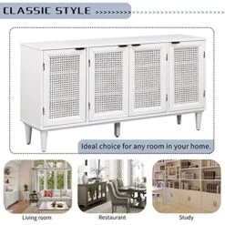 Bellemave Buffet Cabinet With 4 Rattan Doors Large Freestanding Sideboard Storage Cabinet Entryway Console Table For Living Room, Kitchen Dining Room, Entryway, White -Best Furniture Store 51inLCJGEXL