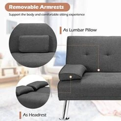 Giantex Modern Convertible Futon Sofa Bed, Linen Upholstered Futon Sofa Sleeper W/Metal Leg, Removable Armrests, 2 Cup Holders, Backrest Adjustable, Folding Futon Sofa Bed For Apartment (Dark Gray) -Best Furniture Store 51irI1gIzTL