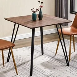 GreenForest Dining Table 31.5 Inch Small Square Kitchen Room Table For 2-4 Person Modern Industrial Dinner Table With Solid Metal Legs For Dining Room, Living Room, Walnut