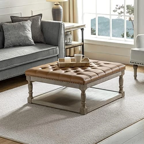 HULALA HOME Large Square Ottoman Coffee Table For Living Room, Button Tufted Cocktail Ottoman With Shelf & Solid Wood Legs, Upholstered Farmhouse Footrest Stool, Beige 8 HULALA HOME Large Square Ottoman Coffee Table For Living Room, Button Tufted Cocktail Ottoman With Shelf & Solid Wood Legs, Upholstered Farmhouse Footrest Stool, Beige - Image 8