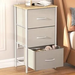 Small Dresser For Bedroom, 3 Drawer Nightstand With Removable Fabric Bins, Storage Chest Of Drawers For Closet Bedside Nursery Laundry Living Room, Sturdy Steel Frame&Wood Tope, Light Grey