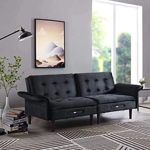 Charging Futon Sofa Bed, Velvet Convertible Sleeper Sofa Tufted Upholstered Couch With Adjustable Backrest & Armrest, Modern Accent Loveseat USB Chargeable Couch Bed For Home Living Room (Black) 2 Charging Futon Sofa Bed, Velvet Convertible Sleeper Sofa Tufted Upholstered Couch With Adjustable Backrest & Armrest, Modern Accent Loveseat USB Chargeable Couch Bed For Home Living Room (Black) - Image 2
