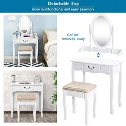 White Vanity Table Set With Stool, Dressing Table For Girls Women Mirror Makeup Table Desk Room Vanity Dresser, Large Bedroom Vanities W/Drawer 8 White Vanity Table Set With Stool, Dressing Table For Girls Women Mirror Makeup Table Desk Room Vanity Dresser, Large Bedroom Vanities W/Drawer -Best Furniture Store 51jZXlOanxL