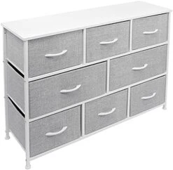Dresser With 8 Drawers - Furniture Storage Chest For Kids Clothing Organization, Bedroom, Hallway, Closet, Office - Steel Iron Frame, Rustic Farmhouse Wood Top, Fabric Bins (White)