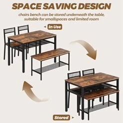 FUIKEING Dining Table Set For 4, Kitchen Table With 2 Chairs And 1 Bench, Dining Table Set With 2 Storage Racks And 4 S-Hooks, Rustic Brown -Best Furniture Store 51jkJ4CY19L