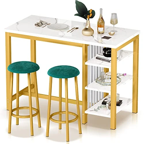 AWQM Bar Table Set With Storage Shelves, 47" White Modern Faux Marble Breakfast Table With 2 Stools, 3-Piece Dining Set For 2, Space Saving Table For Kitchen/Dinning Room/Living Room/Bedroom/Office 1 AWQM Bar Table Set With Storage Shelves, 47" White Modern Faux Marble Breakfast Table With 2 Stools, 3-Piece Dining Set For 2, Space Saving Table For Kitchen/Dinning Room/Living Room/Bedroom/Office