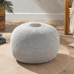 English Home Round Knitted Pouf Ottoman Foot Rest For Couch, Foot Stool For Living Room, Boho Ottoman Pouf, Floor Pouf, Knitted Bean Bag, Bedroom Poof, Indoor, Outdoor 37 X 50 Cm Grey