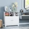 HORSTORS Floor Storage Cabinet, Linen Freestanding Bathroom Cabinet, Side Accent Cabinet With Doors And 3 Open Cubes For Home Office, 31.4" L X 11.8" D X 29.1" H, White