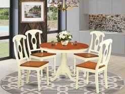 EAST WEST FURNITURE 5 Pc Set With A Round Kitchen Table And 4 Leather Dinette Chairs In Linen White -Best Furniture Store 51kQ7MDSEsL. AC