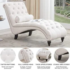 Iroomy Button-Tufted Chaise Lounge Indoor With Solid Wood Legs & Support Pillow, Upholstered Chaise Lounge Chair For Bedroom Living Room Office, Armless Rolled Backrest Leisure Sofa Recliner(Beige) -Best Furniture Store 51kSlJejPXL