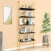 AWQM Industrial Wall Mounted Ladder Shelf, 5 Tier Bookshelf, Ladder Bookcase With Metal Frame, Organizer Plant Flower Display Stand, Open Bookcase Rack For Home Office, Balcony, Bathroom, Gold &Black