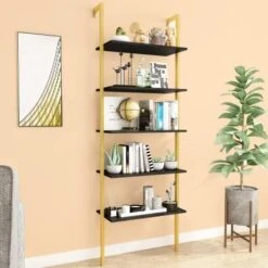 AWQM Industrial Wall Mounted Ladder Shelf, 5 Tier Bookshelf, Ladder Bookcase With Metal Frame, Organizer Plant Flower Display Stand, Open Bookcase Rack For Home Office, Balcony, Bathroom, Gold &Black -Best Furniture Store 51kWJsYXcIL. AC
