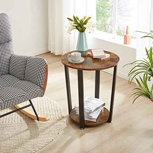 YMYNY Industrial End Table, 2 Tier Round Side Table With Sturdy Metal Frame, Vintage Nightstand For Living Room, Bedroom, Set Of 2, With Storage, Easy Assembly, Rustic Brown UHTMJ020H-2 4 YMYNY Industrial End Table, 2 Tier Round Side Table With Sturdy Metal Frame, Vintage Nightstand For Living Room, Bedroom, Set Of 2, With Storage, Easy Assembly, Rustic Brown UHTMJ020H-2 - Image 4