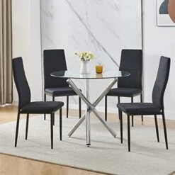 BELIFEGLORY Dining Table With Chairs Set, 5PCS Round Glass Table Set Modern Tempered Glass Top Table With 4 Velvet Chairs Dining Room Furniture -Best Furniture Store 51khkuTRyXL. AC
