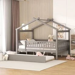 JIVOIT Twin Size House Platform Bed With Twin Size Trundle, Wooden House Bed Daybed With Roof Design And 2 Headboards, House-Shaped Canopy Bed For Kids Teens Boys Girls (Walnut-Twin-Trundle 011) 21 JIVOIT Twin Size House Platform Bed With Twin Size Trundle, Wooden House Bed Daybed With Roof Design And 2 Headboards, House-Shaped Canopy Bed For Kids Teens Boys Girls (Walnut-Twin-Trundle 011) -Best Furniture Store 51ko86HKS8L. AC
