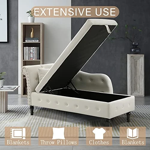Homtique 60" Velvet Storage Chaise Lounge Indoor Button Tufted With Pillow, Nailhead Decorate Rolled Arm Chaise Lounge For Bedroom Living Room (Beige, With Storage) 4 Homtique 60" Velvet Storage Chaise Lounge Indoor Button Tufted With Pillow, Nailhead Decorate Rolled Arm Chaise Lounge For Bedroom Living Room (Beige, With Storage) - Image 4