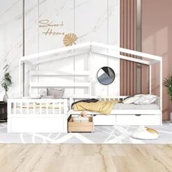 House Bed Double Twin Beds, Wood L-Shaped 2 Twin Platform Beds With Storage Drawers,Montessori Bed With Roof ,Fence And Slatted Design, Corner Playhouse Bed Frame For Kids Girls Boys ,White -Best Furniture Store 51lHiga18mL