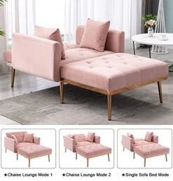 SLEERWAY Velvet 2 In 1 Chaise Lounge Chair Indoor, Modern Single Sofa Bed With Two Pillows, Recliner Chair With 3 Adjustable Angles, Convertible Sleeper Chair For Living Room And Bedroom (Pink) -Best Furniture Store 51lM2xUIsjL